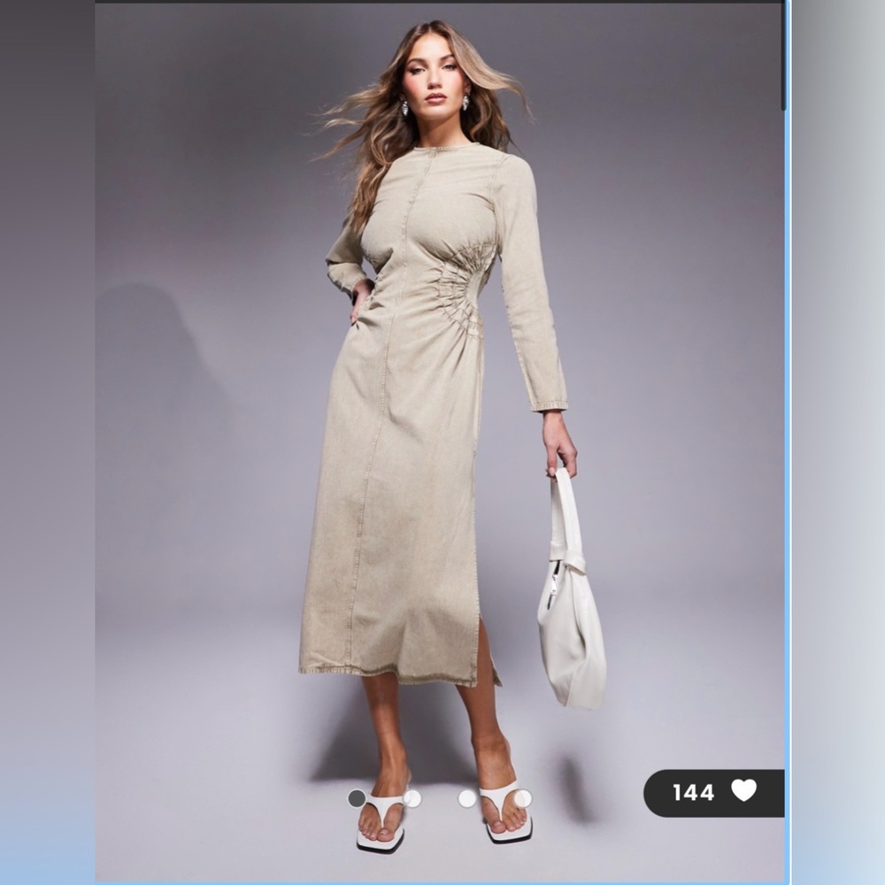 ASOS DESIGN washed twill midi dress with circle side detail in stone acid wash